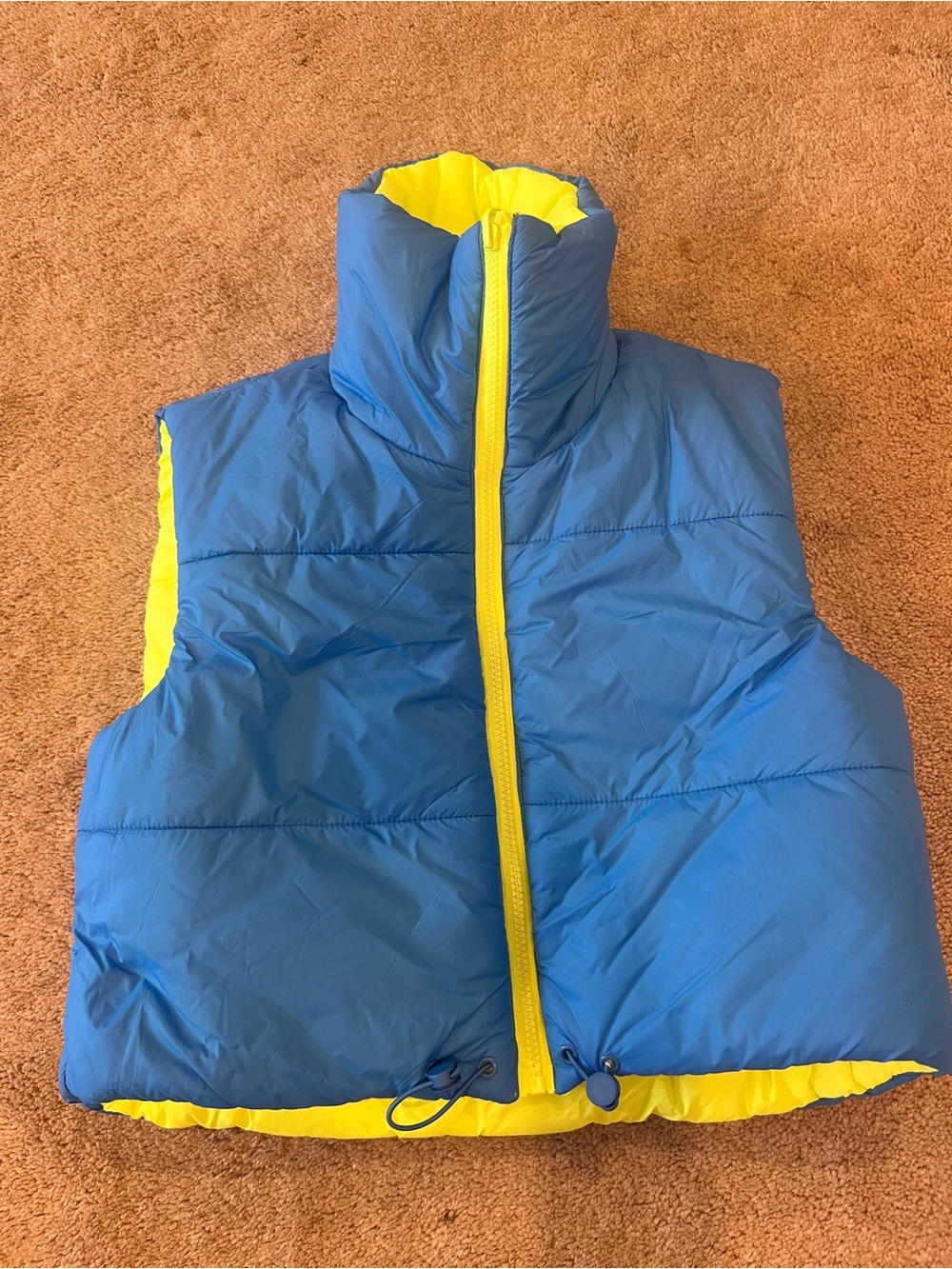 Blue & Yellow Puffer Vest with High Collar